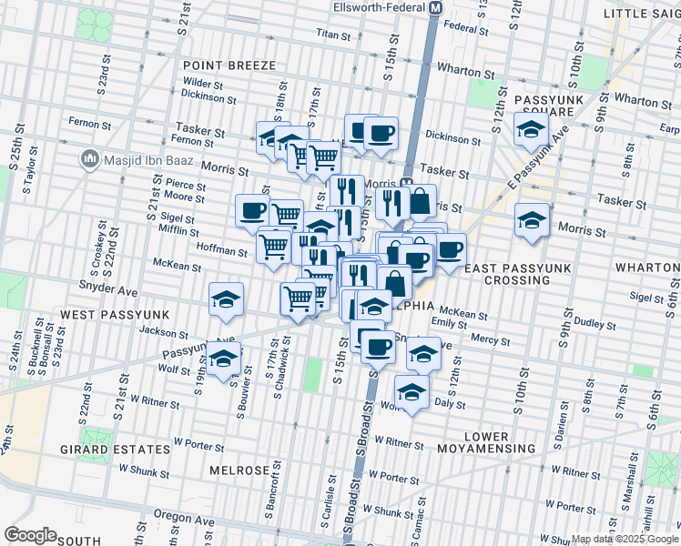 map of restaurants, bars, coffee shops, grocery stores, and more near 1922 South Hicks Street in Philadelphia