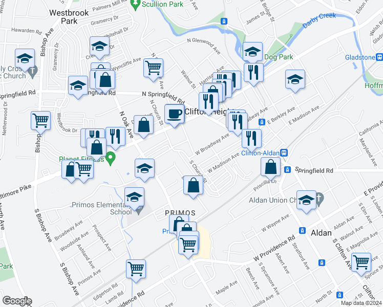 map of restaurants, bars, coffee shops, grocery stores, and more near 201 West Broadway Avenue in Clifton Heights
