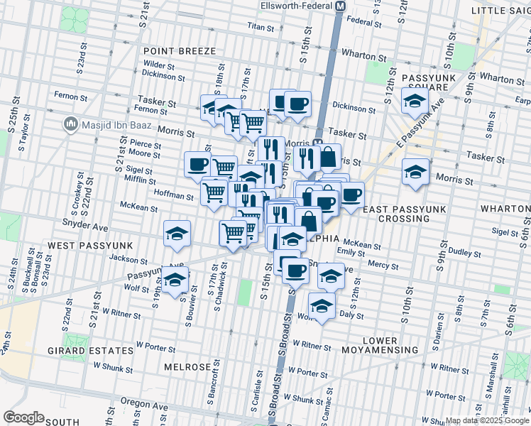 map of restaurants, bars, coffee shops, grocery stores, and more near 1922 South Hicks Street in Philadelphia