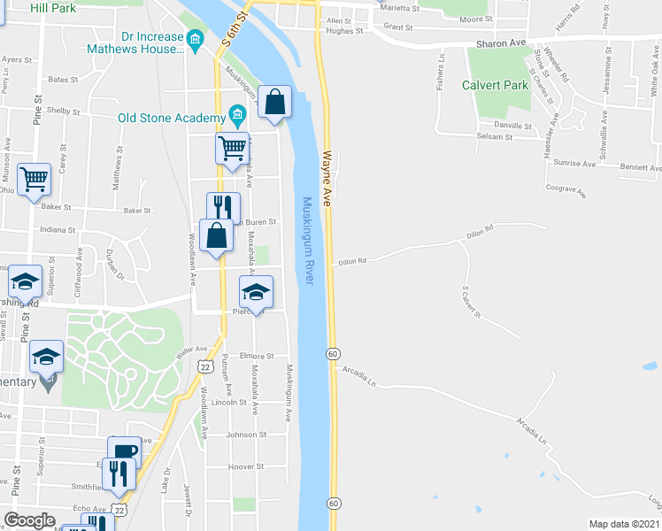 map of restaurants, bars, coffee shops, grocery stores, and more near 901 Dillon Road in Zanesville