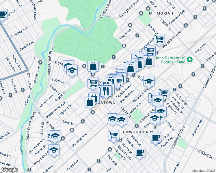 map of restaurants, bars, coffee shops, grocery stores, and more near 2118 South Simpson Street in Philadelphia