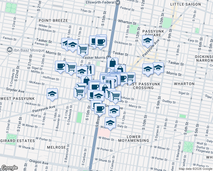 map of restaurants, bars, coffee shops, grocery stores, and more near 1913 South Broad Street in Philadelphia
