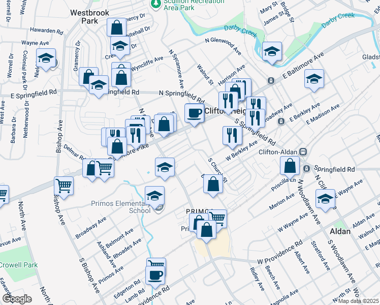 map of restaurants, bars, coffee shops, grocery stores, and more near 204 West Washington Avenue in Clifton Heights