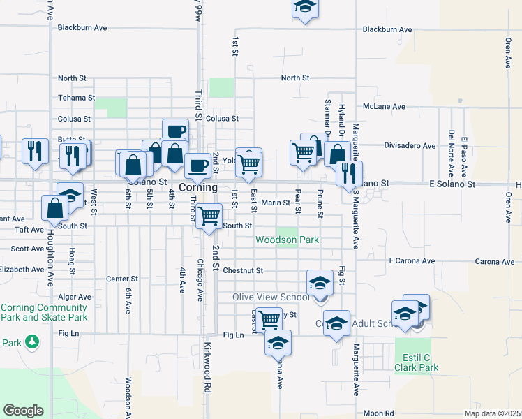 map of restaurants, bars, coffee shops, grocery stores, and more near 707 Marin Street in Corning