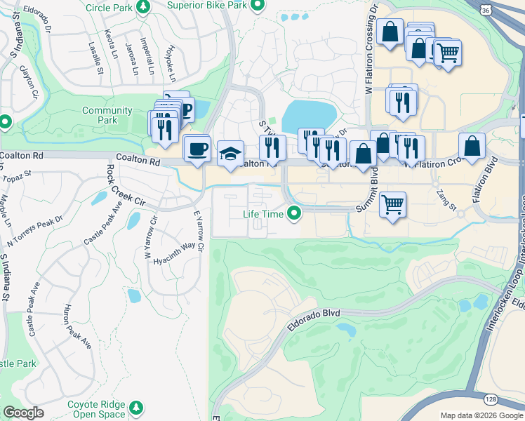 map of restaurants, bars, coffee shops, grocery stores, and more near 260 Summit Boulevard in Broomfield