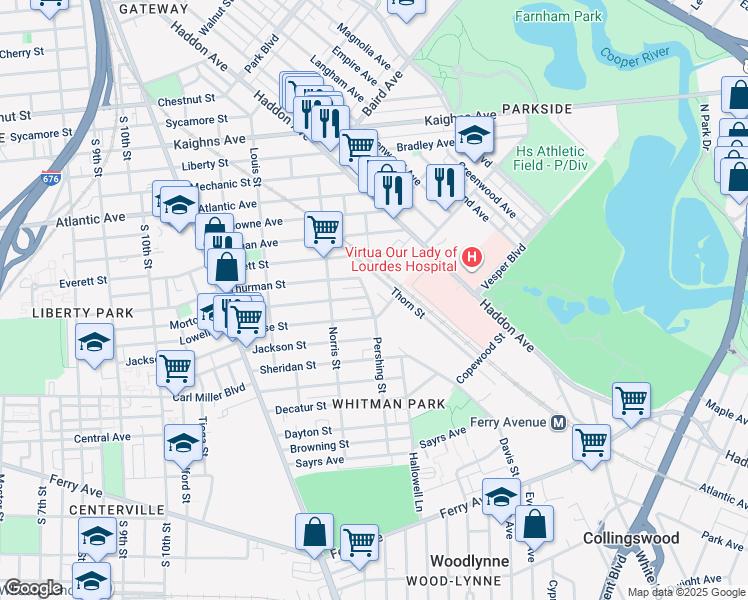 map of restaurants, bars, coffee shops, grocery stores, and more near 1551 Thorn Street in Camden