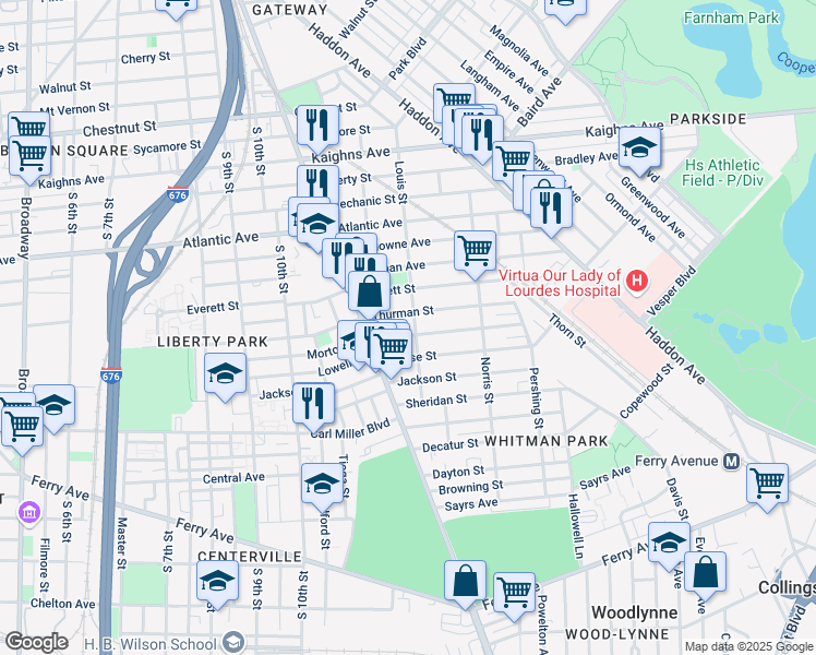 map of restaurants, bars, coffee shops, grocery stores, and more near 1179 Thurman Street in Camden