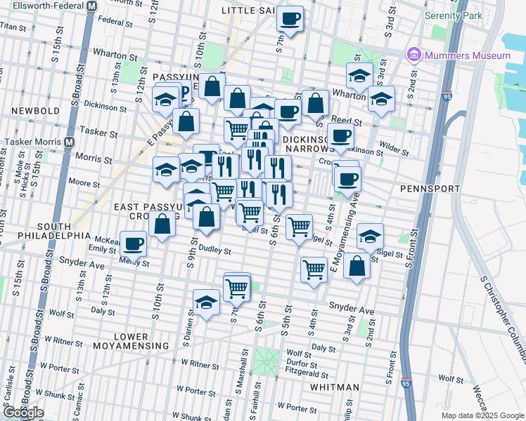 map of restaurants, bars, coffee shops, grocery stores, and more near 625 Moore Street in Philadelphia