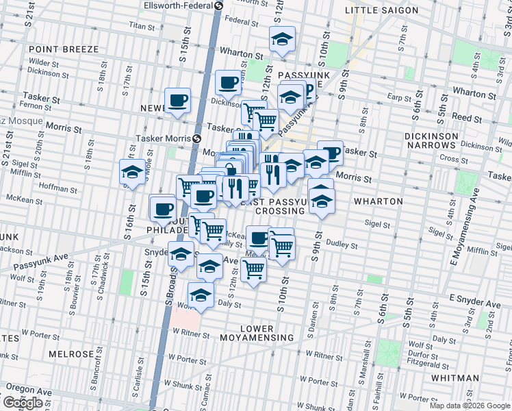 map of restaurants, bars, coffee shops, grocery stores, and more near 1822 South Sartain Street in Philadelphia