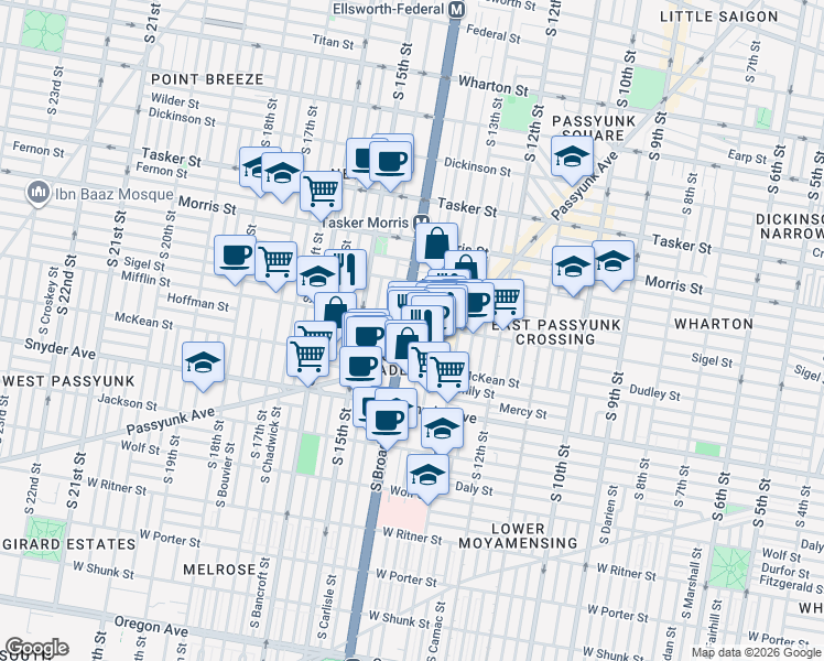 map of restaurants, bars, coffee shops, grocery stores, and more near 1913 South Broad Street in Philadelphia