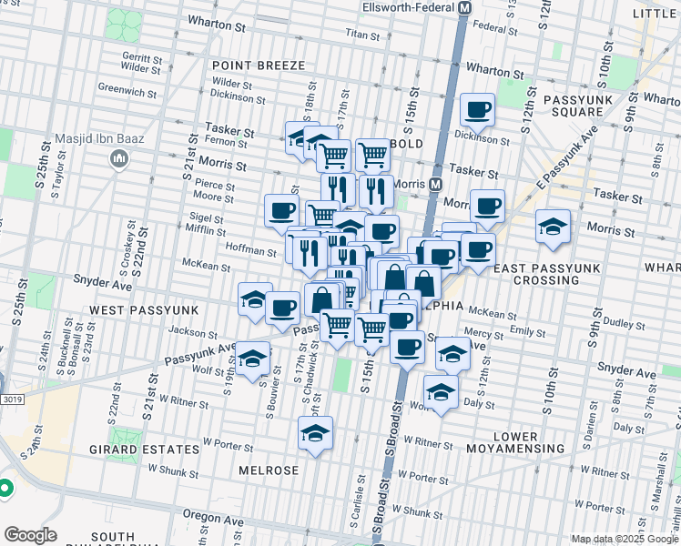 map of restaurants, bars, coffee shops, grocery stores, and more near 1912 South 16th Street in Philadelphia