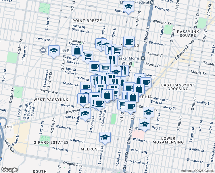map of restaurants, bars, coffee shops, grocery stores, and more near in Philadelphia