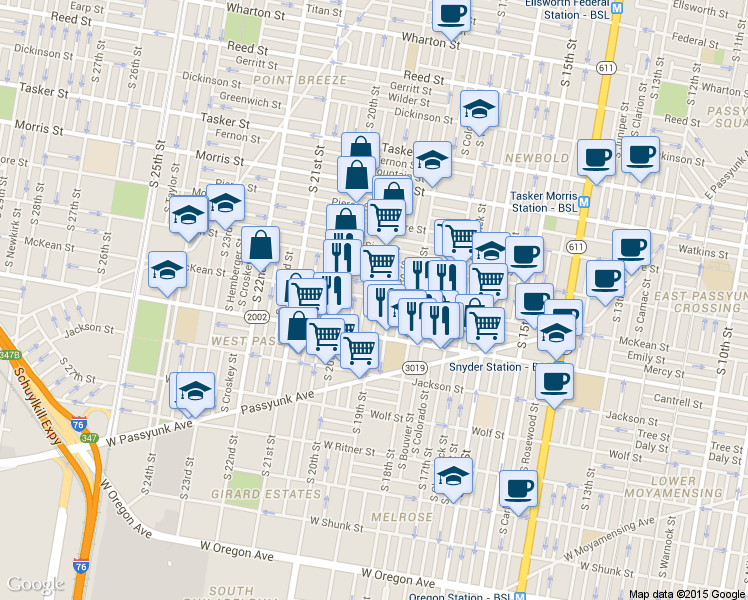 map of restaurants, bars, coffee shops, grocery stores, and more near 1844 Dudley Street in Philadelphia