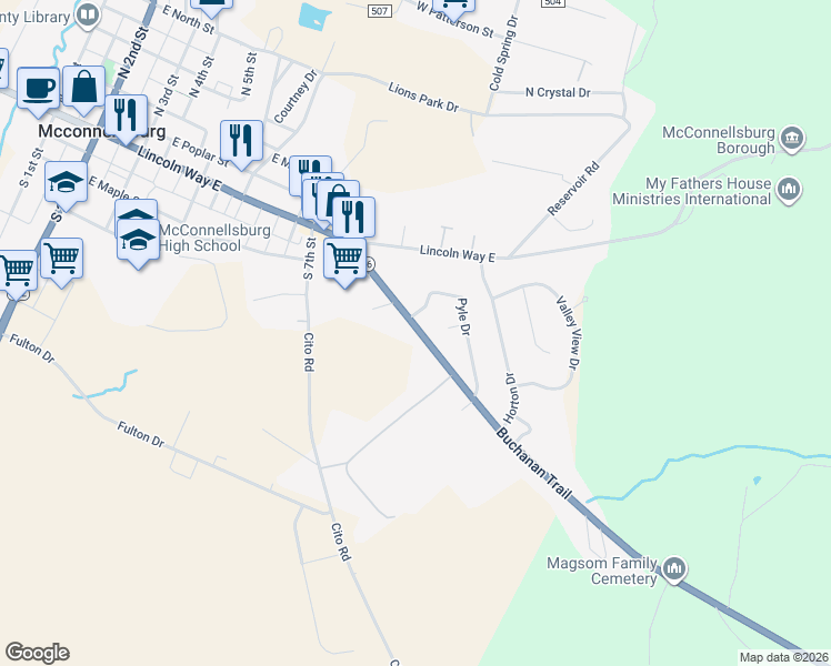 map of restaurants, bars, coffee shops, grocery stores, and more near 327 Buchanan Trail in McConnellsburg