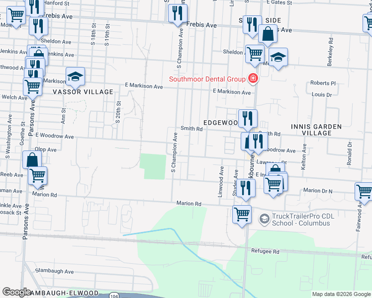 map of restaurants, bars, coffee shops, grocery stores, and more near 1839 Oakwood Avenue in Columbus