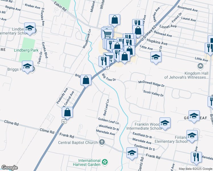 map of restaurants, bars, coffee shops, grocery stores, and more near 2202 Big Tree Drive in Columbus