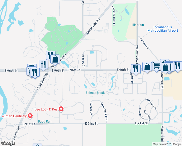 map of restaurants, bars, coffee shops, grocery stores, and more near 9612 Alexander Lane in Fishers