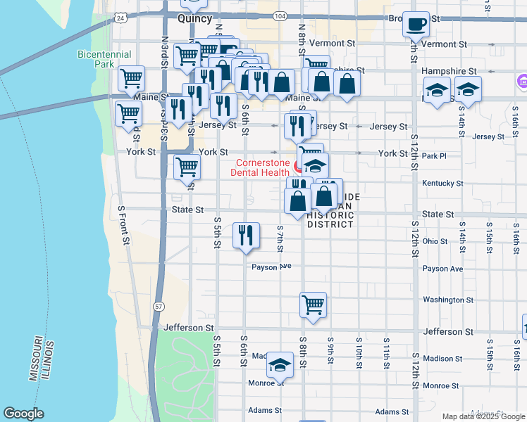 map of restaurants, bars, coffee shops, grocery stores, and more near 629 State Street in Quincy