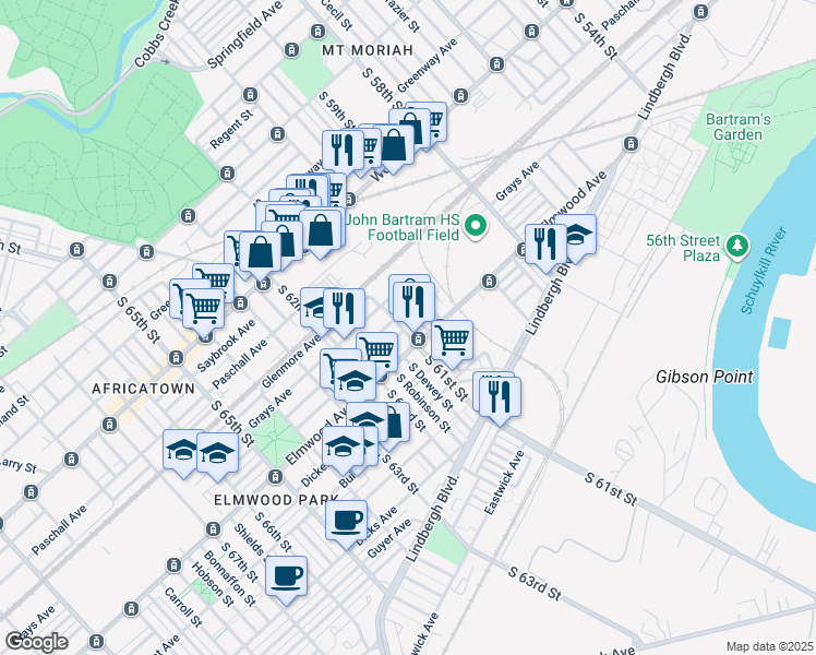 map of restaurants, bars, coffee shops, grocery stores, and more near 2443 South 61st Street in Philadelphia