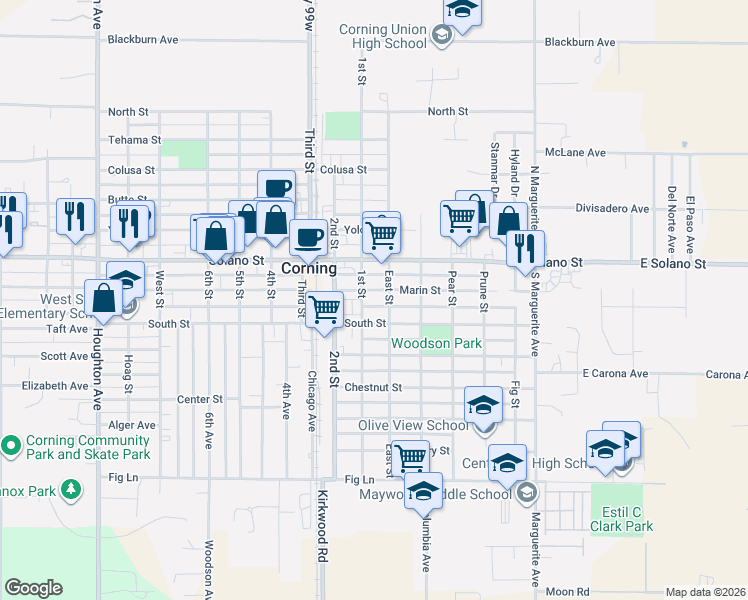 map of restaurants, bars, coffee shops, grocery stores, and more near 815 Marin Street in Corning
