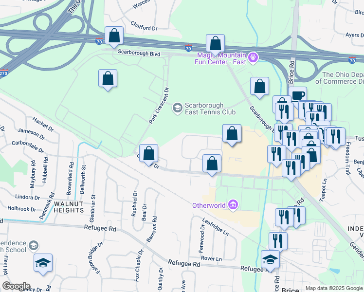 map of restaurants, bars, coffee shops, grocery stores, and more near Silver Oak Drive in Columbus