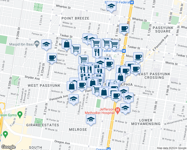 map of restaurants, bars, coffee shops, grocery stores, and more near 1936 South Chadwick Street in Philadelphia