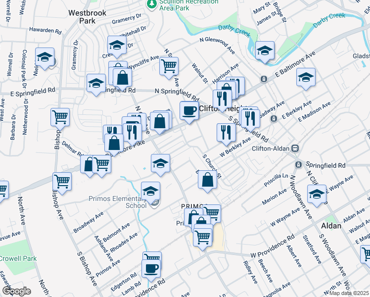 map of restaurants, bars, coffee shops, grocery stores, and more near 204 West Washington Avenue in Clifton Heights