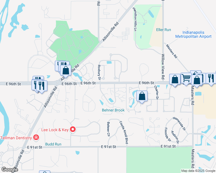 map of restaurants, bars, coffee shops, grocery stores, and more near 9612 Alexander Lane in Fishers