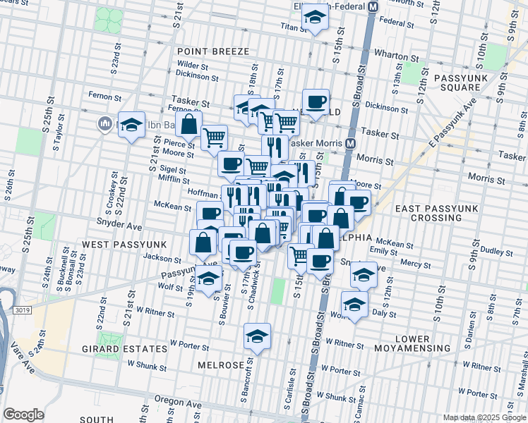 map of restaurants, bars, coffee shops, grocery stores, and more near 1936 South Chadwick Street in Philadelphia