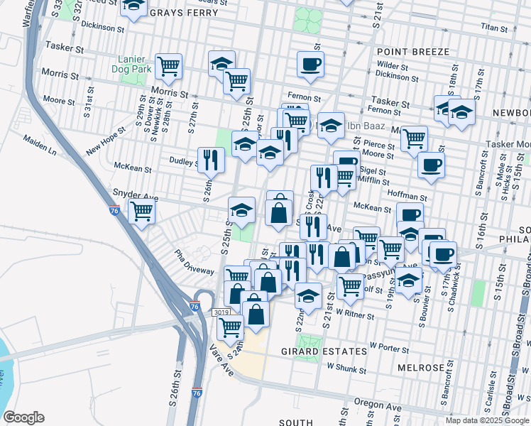 map of restaurants, bars, coffee shops, grocery stores, and more near 2045 South 24th Street in Philadelphia
