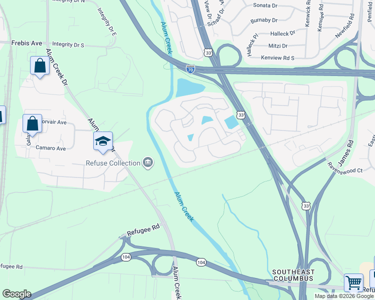 map of restaurants, bars, coffee shops, grocery stores, and more near 2231 Waters Edge Boulevard in Columbus