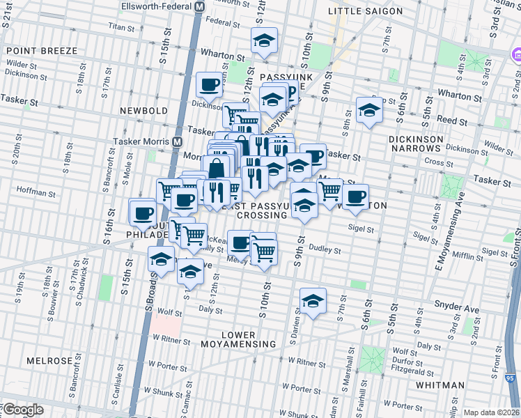 map of restaurants, bars, coffee shops, grocery stores, and more near 1025 Mifflin Street in Philadelphia