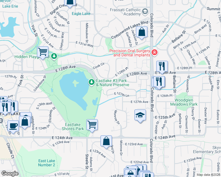map of restaurants, bars, coffee shops, grocery stores, and more near 3735 East 127th Way in Thornton