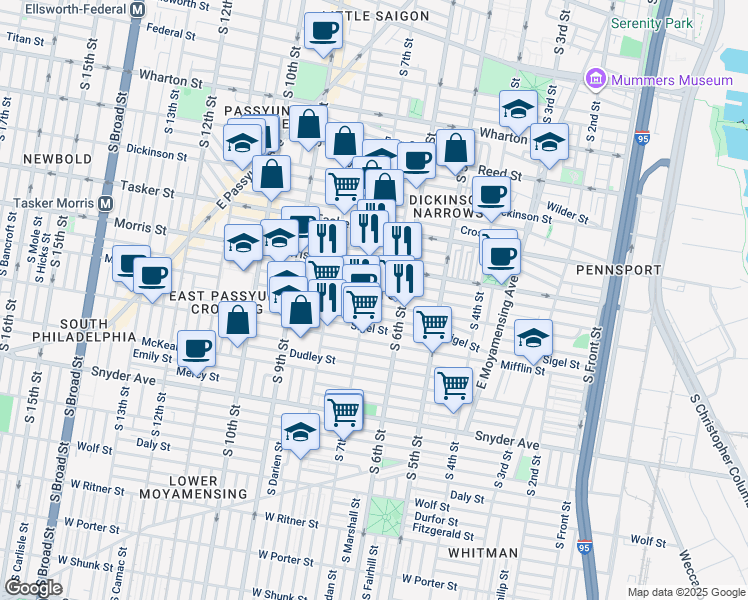 map of restaurants, bars, coffee shops, grocery stores, and more near 635 Moore Street in Philadelphia