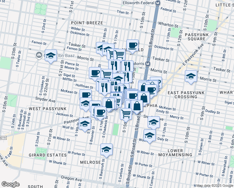 map of restaurants, bars, coffee shops, grocery stores, and more near 1924 South 16th Street in Philadelphia