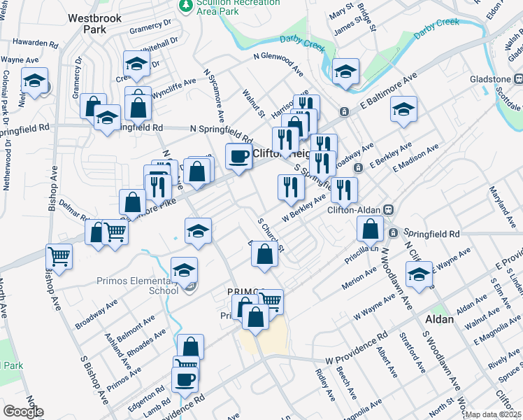 map of restaurants, bars, coffee shops, grocery stores, and more near 201 West Broadway Avenue in Clifton Heights