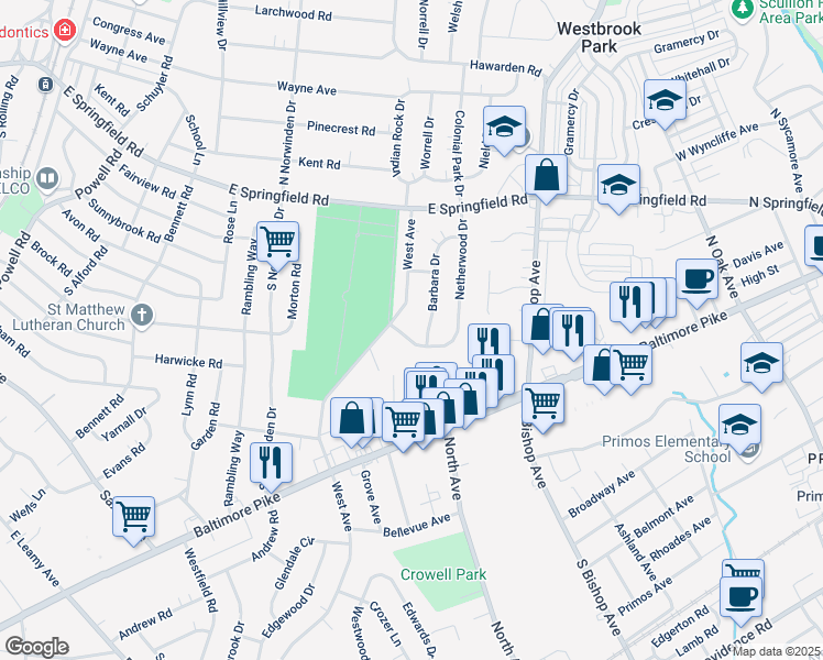 map of restaurants, bars, coffee shops, grocery stores, and more near 138 Barbara Drive in Springfield