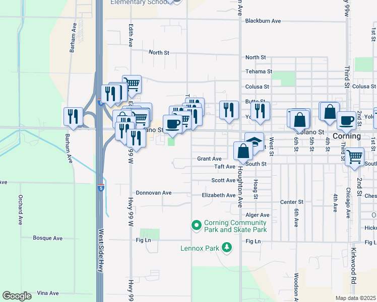 map of restaurants, bars, coffee shops, grocery stores, and more near 904 Toomes Avenue in Corning