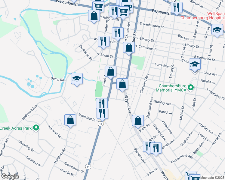 map of restaurants, bars, coffee shops, grocery stores, and more near 679 South Main Street in Chambersburg