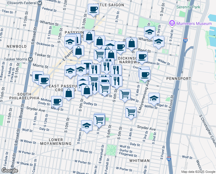 map of restaurants, bars, coffee shops, grocery stores, and more near 635 Moore Street in Philadelphia