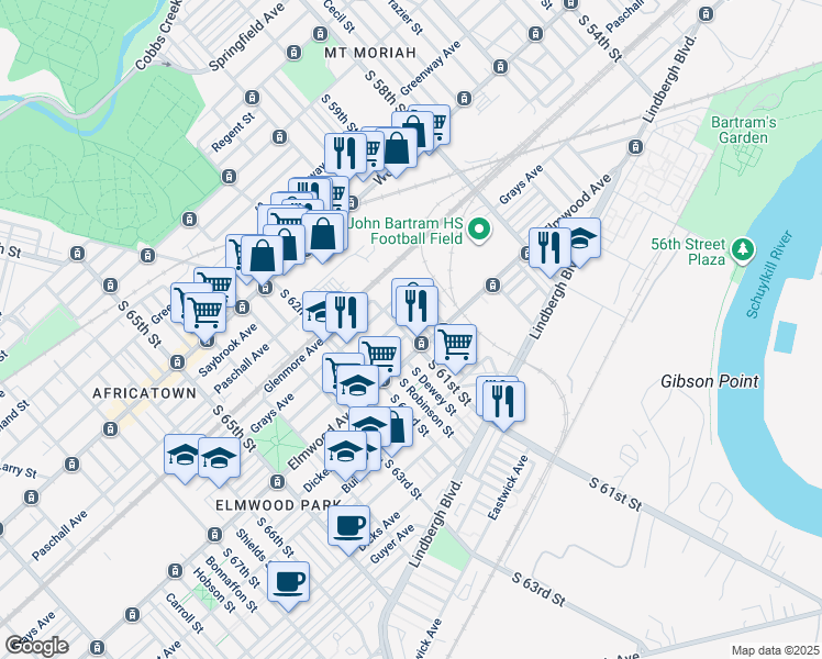 map of restaurants, bars, coffee shops, grocery stores, and more near 2443 South 61st Street in Philadelphia