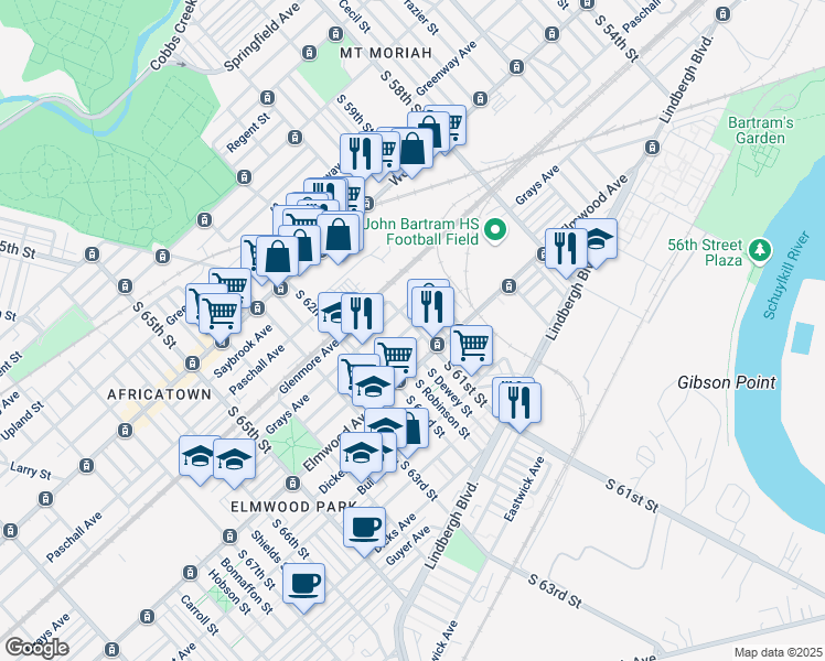 map of restaurants, bars, coffee shops, grocery stores, and more near 6100 Wheeler Street in Philadelphia