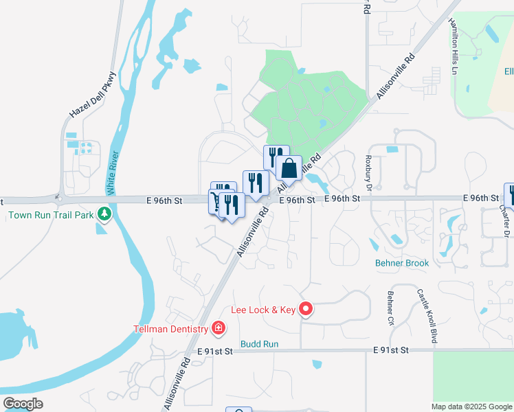 map of restaurants, bars, coffee shops, grocery stores, and more near 9598 Allisonville Road in Indianapolis