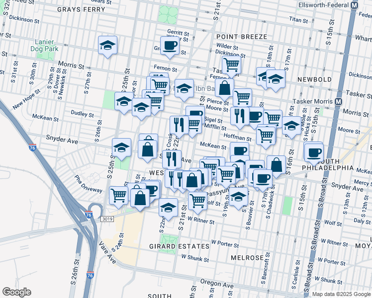 map of restaurants, bars, coffee shops, grocery stores, and more near 2024 South Norwood Street in Philadelphia