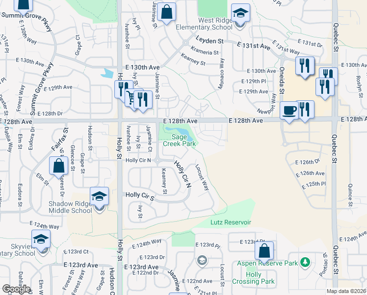 map of restaurants, bars, coffee shops, grocery stores, and more near 12760 Jasmine Street in Thornton