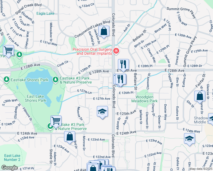 map of restaurants, bars, coffee shops, grocery stores, and more near 12711 Colorado Boulevard in Thornton