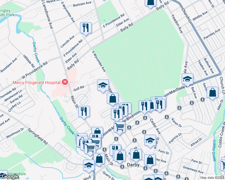 map of restaurants, bars, coffee shops, grocery stores, and more near 1331 Edgehill Road in Darby
