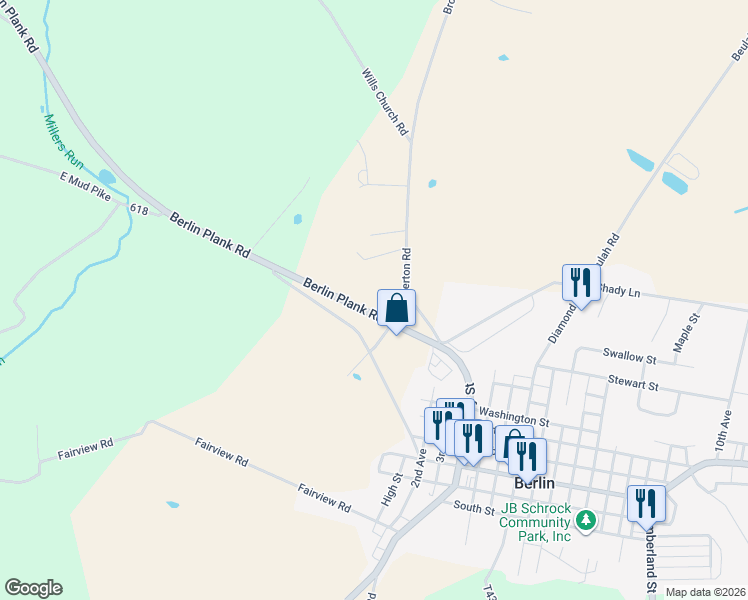 map of restaurants, bars, coffee shops, grocery stores, and more near 3482 Berlin Plank Road in Berlin