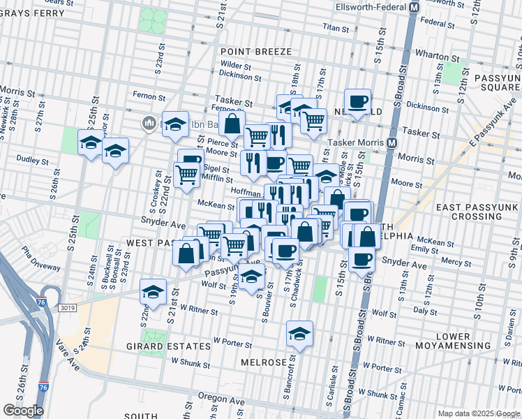 map of restaurants, bars, coffee shops, grocery stores, and more near 1825 McKean Street in Philadelphia