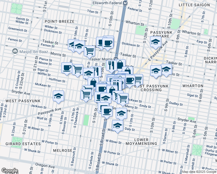 map of restaurants, bars, coffee shops, grocery stores, and more near 1913 South Broad Street in Philadelphia